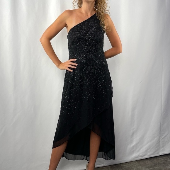 Vintage Tadashi 90’s style Beaded One Shoulder Dress in Black Size‎ Small Petite - Picture 1 of 8